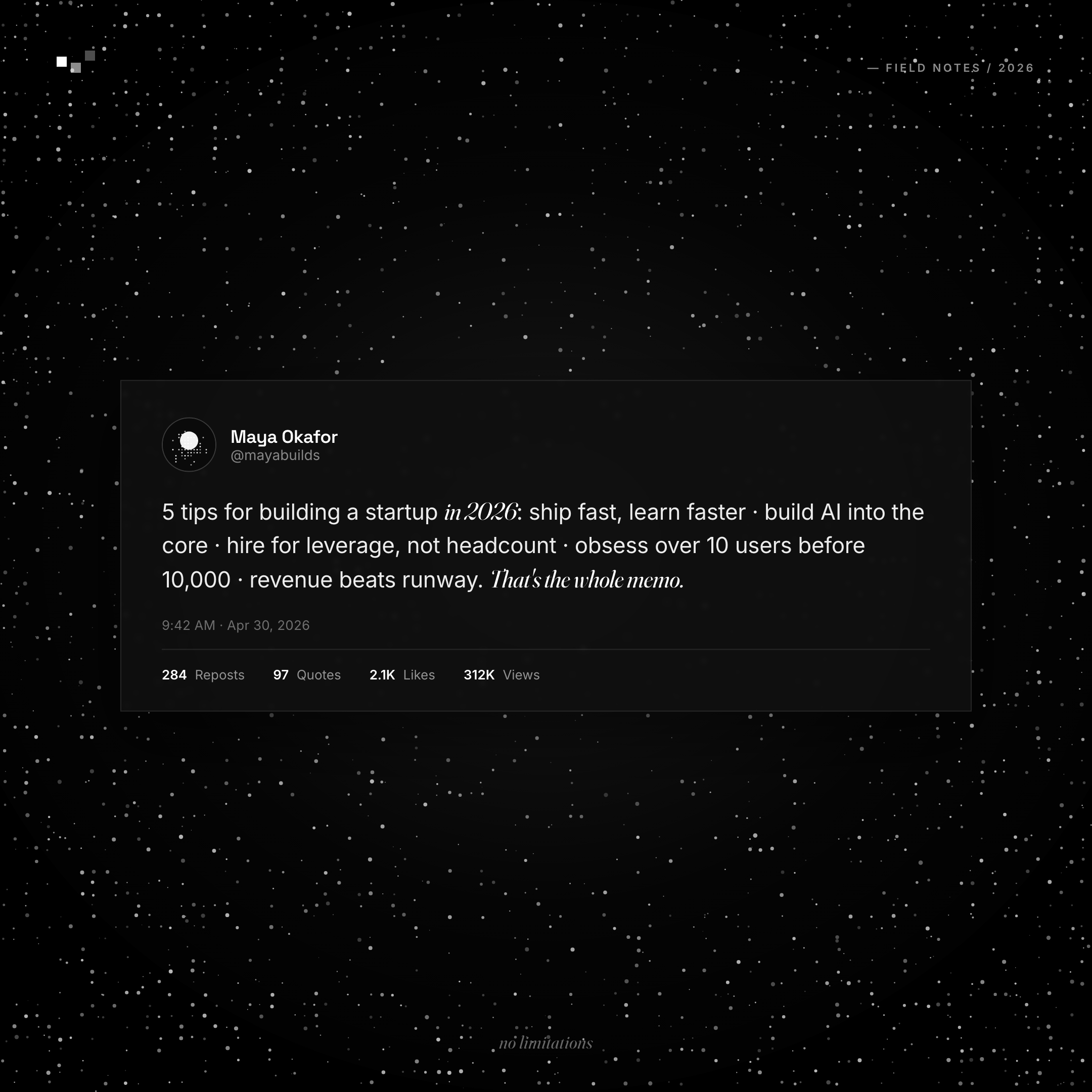 Testimonial tweet card on a decorative starfield void