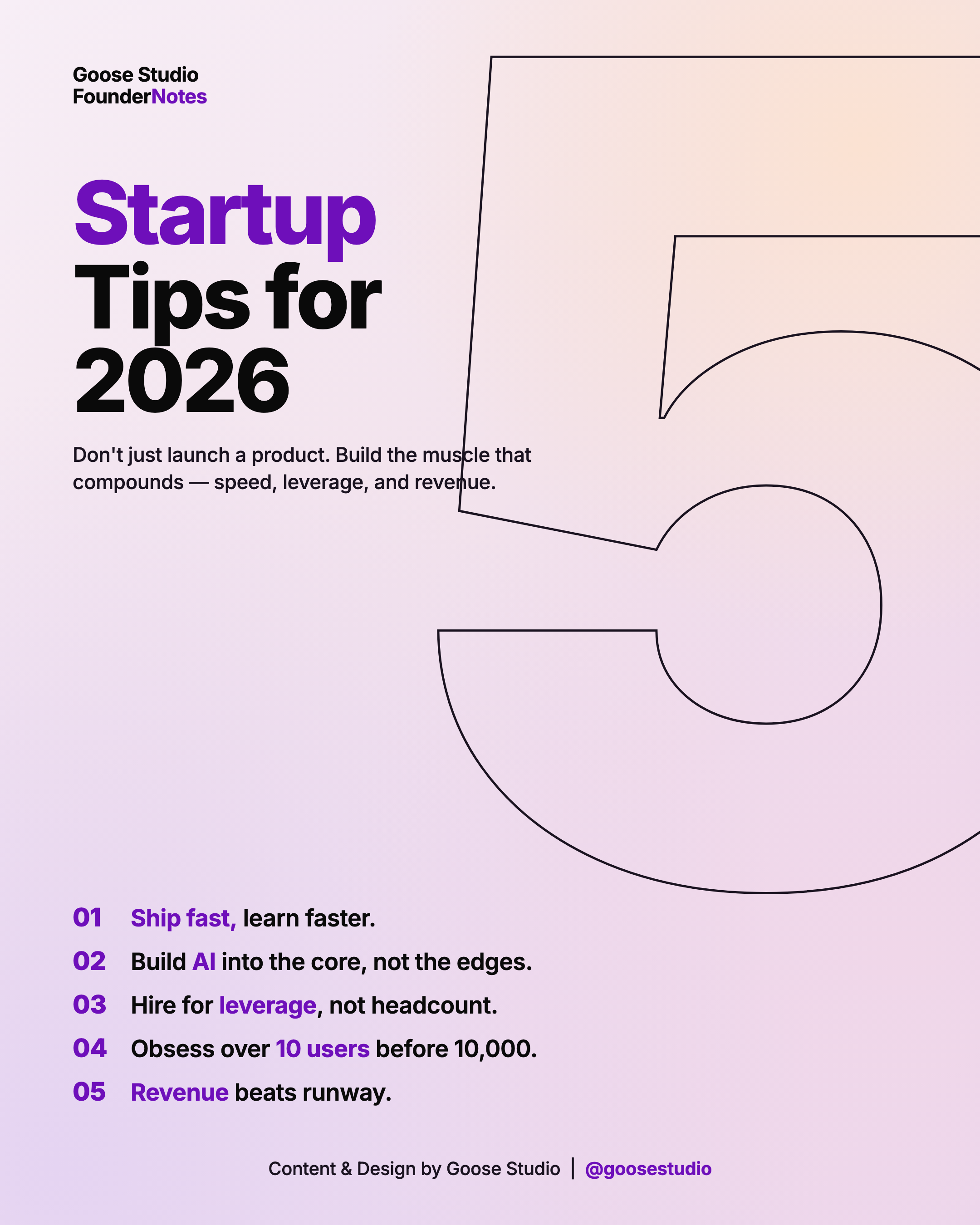 Hero render — five startup tips on the iridescent canvas with the giant outline numeral