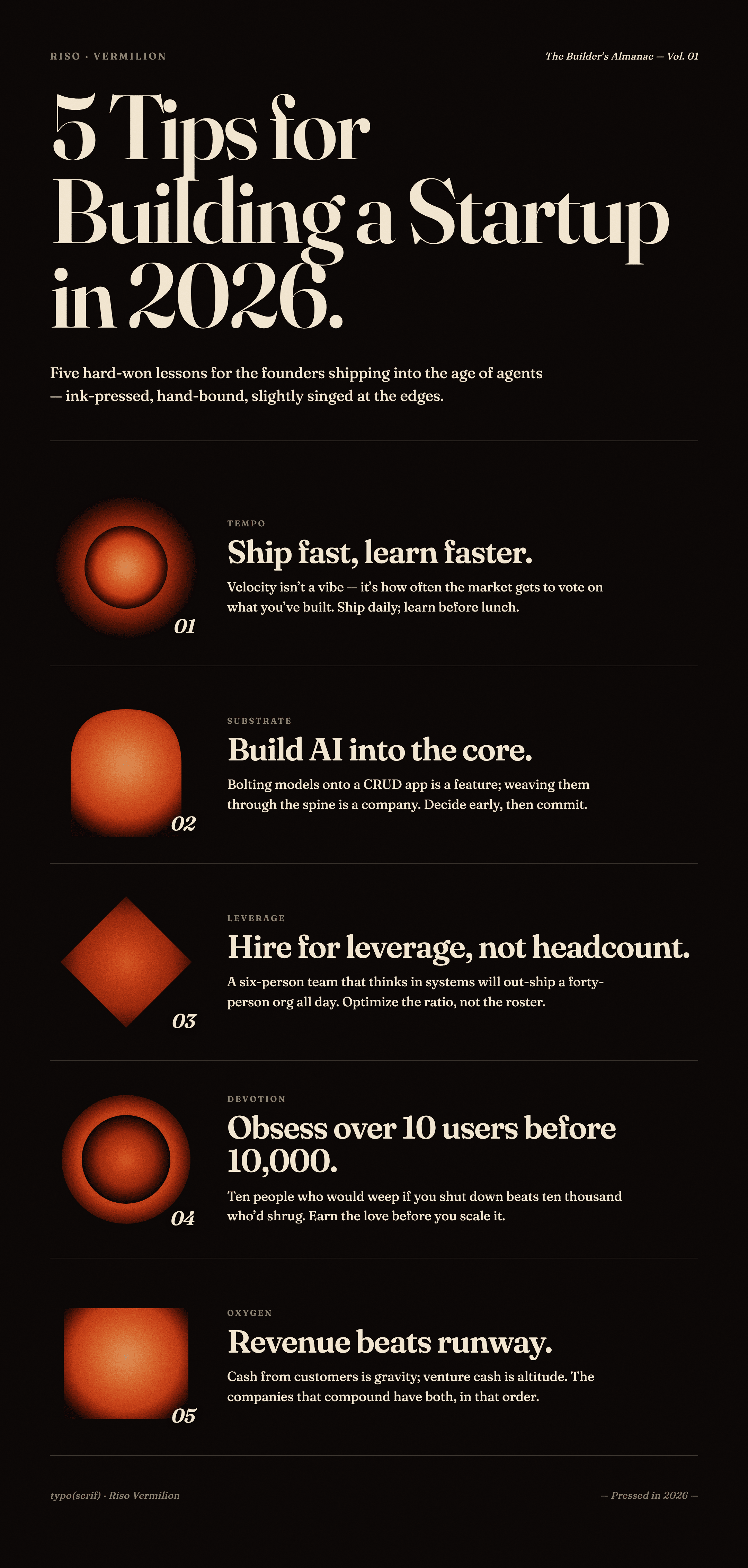 Long-form infographic — 5 stacked tip sections with halftone medallions