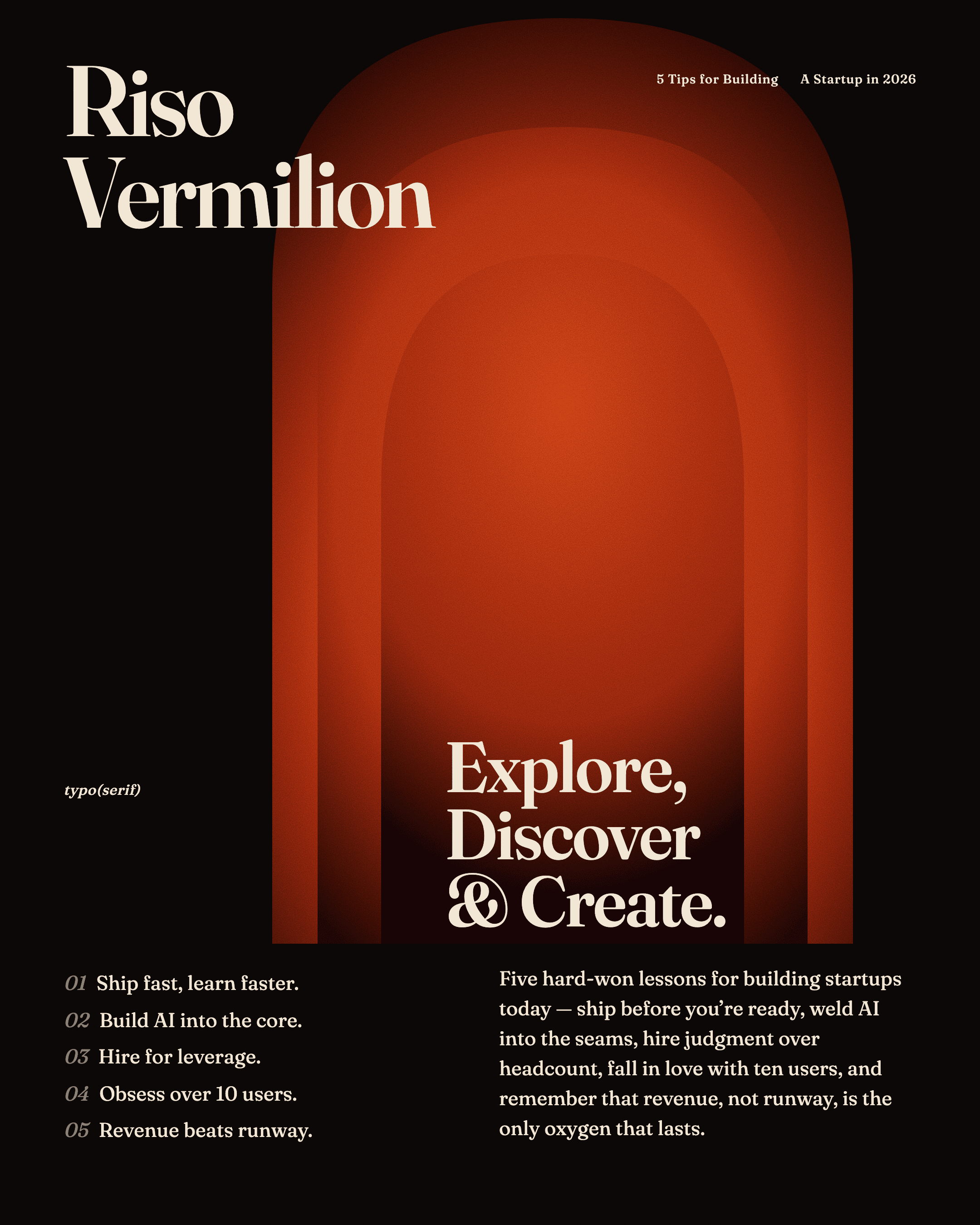Editorial poster — cascading halftone arches with corner-mounted Fraunces serif